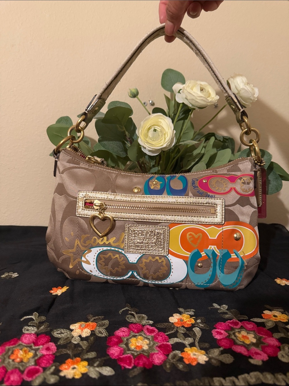 Coach poppy Beige Signature Canvas Shoulder Bag with Multi-Color Pop Accents